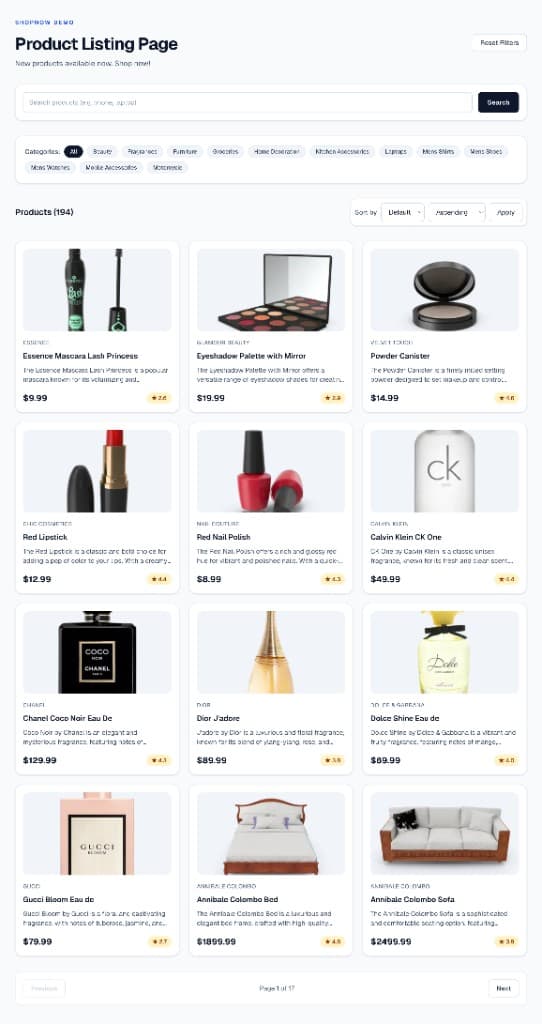 ShopNow Commerce product listing page homepage